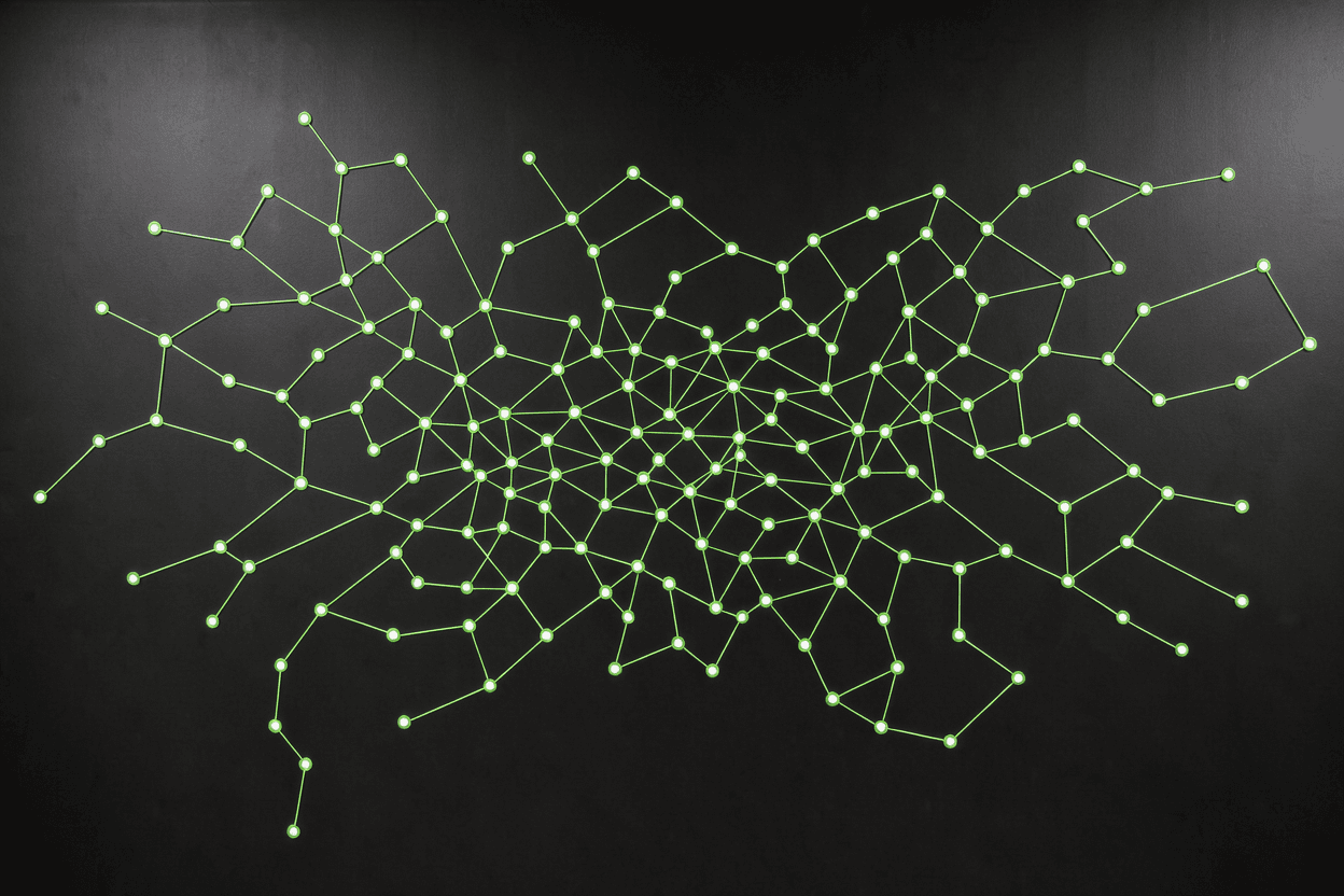 Thin glowing green lines joining nodes in a network on a deep black background